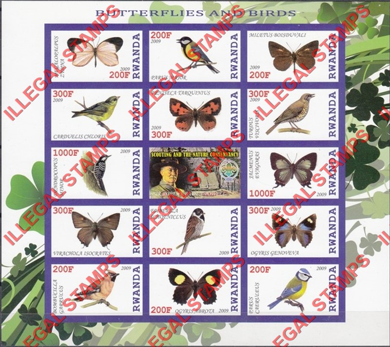 Rwanda 2009 Butterflies and Birds Scouting and the Nature Conservancy Illegal Stamp Sheet of 14 Plus Label Rwanda 2009 Butterflies and Birds Scouting and the Nature Conservancy Illegal Stamp Sheet of 14 Plus Label