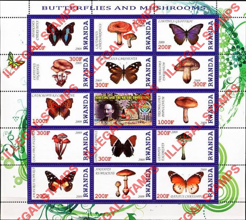 Rwanda 2009 Butterflies and Mushrooms Scouting and the Nature Conservancy Illegal Stamp Sheet of 14 Plus Label Rwanda 2009 Butterflies and Mushrooms Scouting and the Nature Conservancy Illegal Stamp Sheet of 14 Plus Label