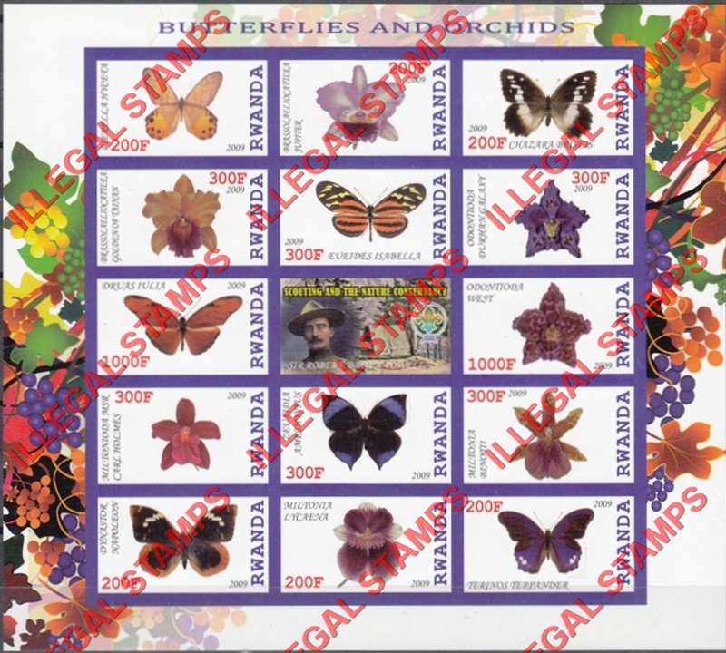 Rwanda 2009 Butterflies and Orchids Scouting and the Nature Conservancy Illegal Stamp Sheet of 14 Plus Label Rwanda 2009 Butterflies and Orchids Scouting and the Nature Conservancy Illegal Stamp Sheet of 14 Plus Label