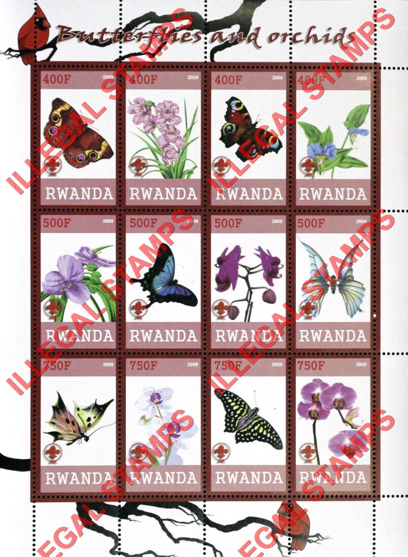 Rwanda 2009 Butterflies and Orchids Illegal Stamp Sheet of 12 Rwanda 2009 Butterflies and Orchids Illegal Stamp Sheet of 12
