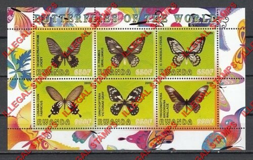 Rwanda 2009 Butterflies of the World Illegal Stamp Souvenir Sheet of 6 Rwanda 2009 Butterflies of the World Illegal Stamp Souvenir Sheet of 6
