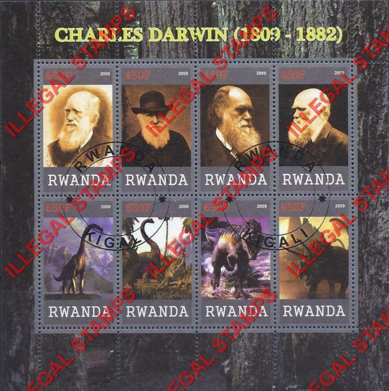 Rwanda 2009 Charles Darwin and Dinosaurs Illegal Stamp Souvenir Sheet of 8 Rwanda 2009 Charles Darwin and Dinosaurs Illegal Stamp Souvenir Sheet of 8