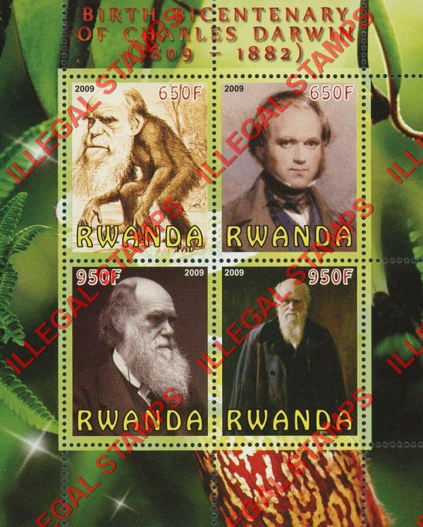 Rwanda 2009 Charles Darwin Illegal Stamp Souvenir Sheet of 4 Rwanda 2009 Charles Darwin Illegal Stamp Souvenir Sheet of 4