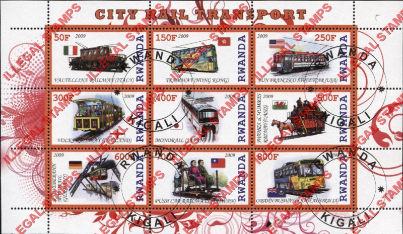 Rwanda 2009 City Rail Transport Illegal Stamp Sheet of 9 Rwanda 2009 City Rail Transport Illegal Stamp Sheet of 9