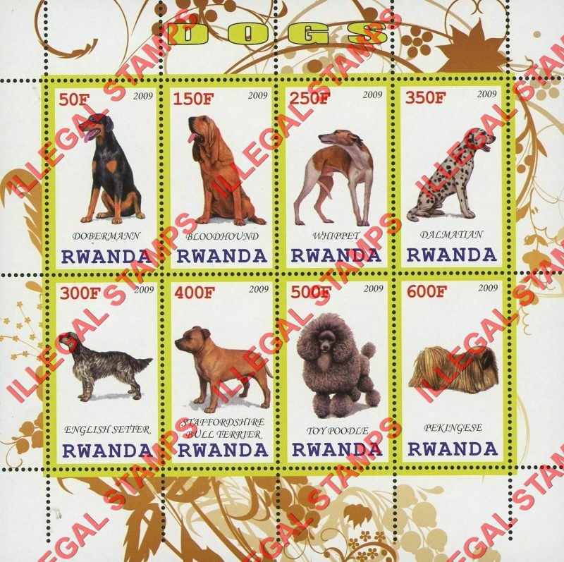 Rwanda 2009 Dogs Illegal Stamp Sheet of 9 Rwanda 2009 Dogs Illegal Stamp Sheet of 9