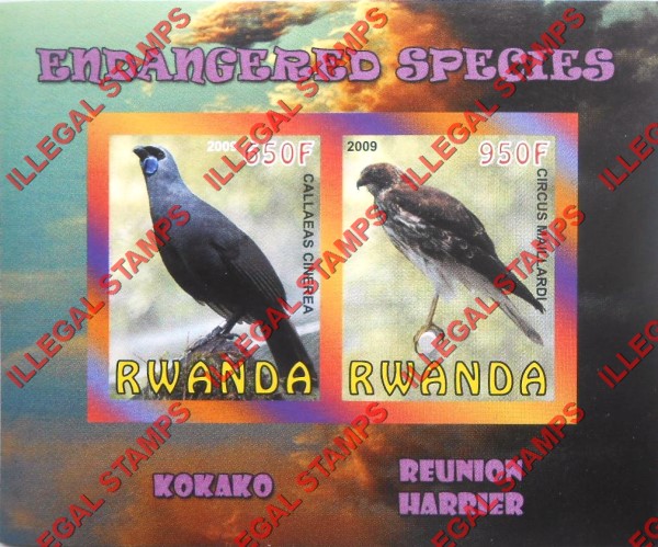 Rwanda 2009 Endangered Species Kokako and Reunion Harrier Illegal Stamp Souvenir Sheet of 2 Rwanda 2009 Endangered Species Kokako and Reunion Harrier Illegal Stamp Souvenir Sheet of 2