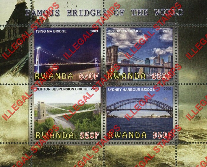 Rwanda 2009 Famous Bridges of the World Illegal Stamp Souvenir Sheet of 4 Rwanda 2009 Famous Bridges of the World Illegal Stamp Souvenir Sheet of 4