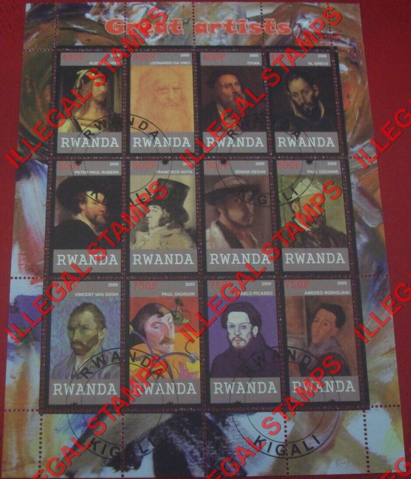 Rwanda 2009 Great Artists Illegal Stamp Sheet of 12 Rwanda 2009 Great Artists Illegal Stamp Sheet of 12