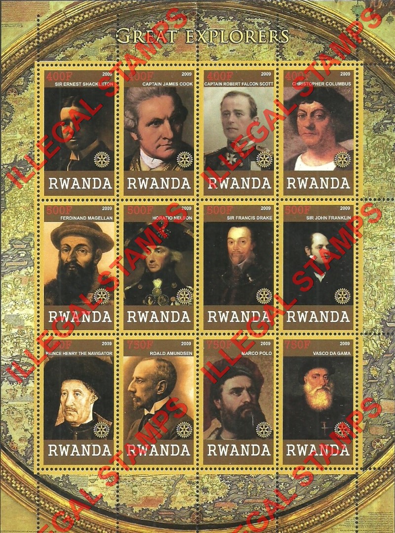 Rwanda 2009 Great Explorers Illegal Stamp Sheet of 12 Rwanda 2009 Great Explorers Illegal Stamp Sheet of 12