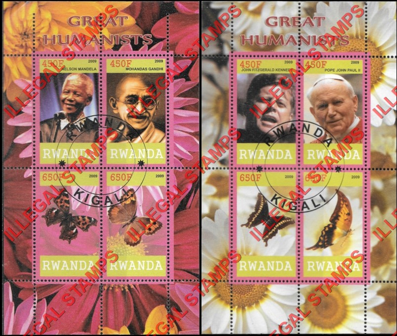Rwanda 2009 Great Humanists and Butterflies Illegal Stamp Souvenir Sheets of 4 Rwanda 2009 Great Humanists and Butterflies Illegal Stamp Souvenir Sheets of 4
