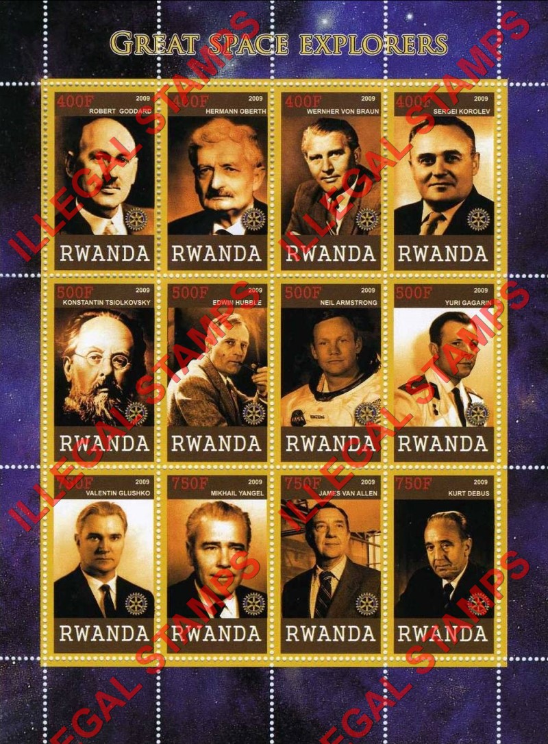 Rwanda 2009 Great Space Explorers Illegal Stamp Sheet of 12 Rwanda 2009 Great Space Explorers Illegal Stamp Sheet of 12