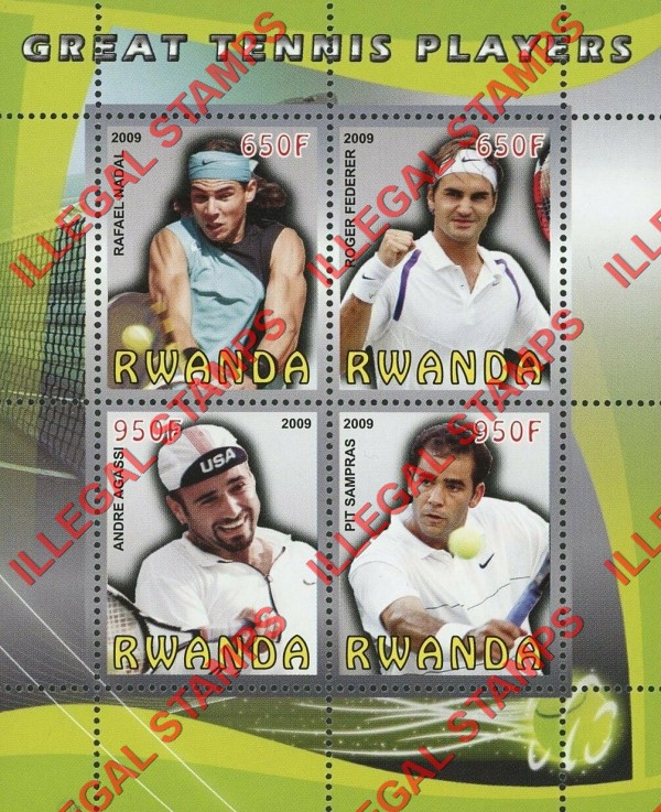 Rwanda 2009 Great Tennis Players Illegal Stamp Souvenir Sheet of 4 Rwanda 2009 Great Tennis Players Illegal Stamp Souvenir Sheet of 4