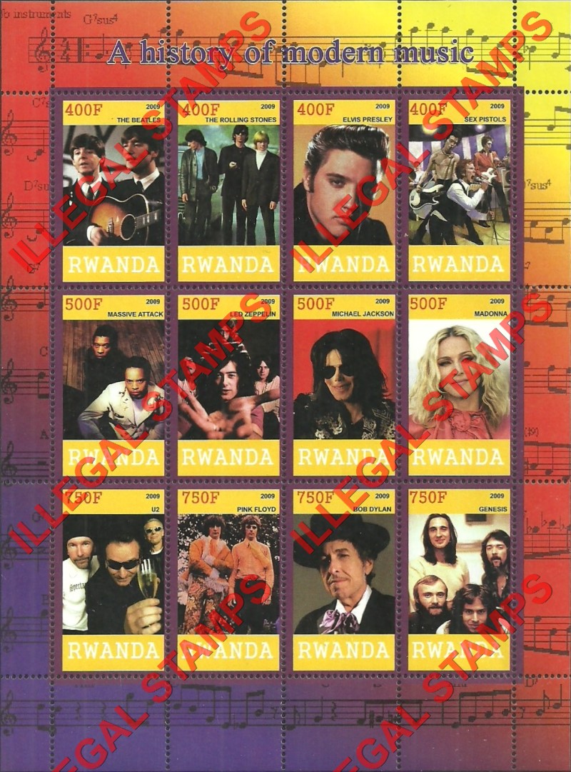 Rwanda 2009 History of Modern Music Illegal Stamp Sheet of 12 Rwanda 2009 History of Modern Music Illegal Stamp Sheet of 12