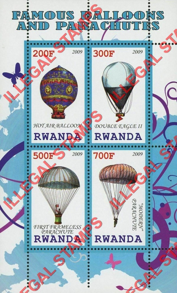 Rwanda 2009 Hot Air Balloons and Parachutes Illegal Stamp Souvenir Sheet of 4 Rwanda 2009 Hot Air Balloons and Parachutes Illegal Stamp Souvenir Sheet of 4
