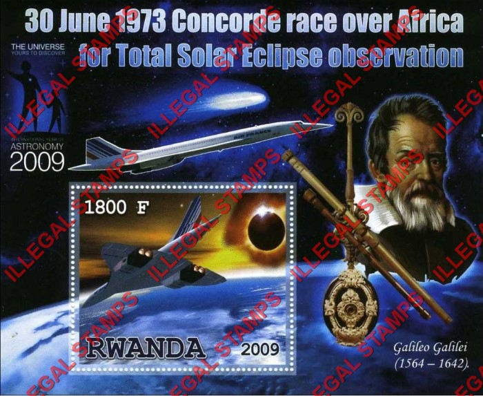 Rwanda 2009 International Year of Astronomy Concorde Illegal Stamp Souvenir Sheet of 1 Rwanda 2009 International Year of Astronomy Concorde Illegal Stamp Souvenir Sheet of 1
