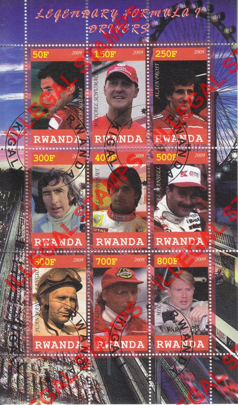 Rwanda 2009 Legendary Formula I Drivers Illegal Stamp Sheet of 9 Rwanda 2009 Legendary Formula I Drivers Illegal Stamp Sheet of 9
