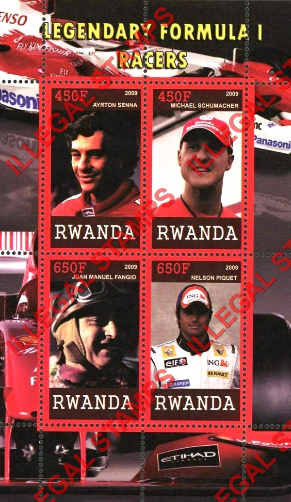 Rwanda 2009 Legendary Formula I Drivers Illegal Stamp Souvenir Sheet of 4 Rwanda 2009 Legendary Formula I Drivers Illegal Stamp Souvenir Sheet of 4