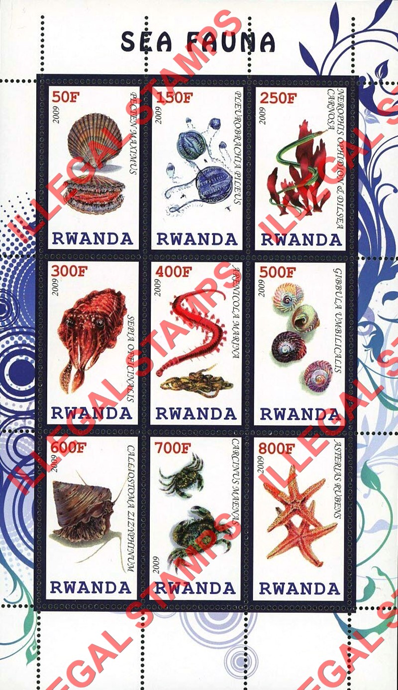 Rwanda 2009 Marine Life Sea Fauna Illegal Stamp Sheet of 9 Rwanda 2009 Marine Life Sea Fauna Illegal Stamp Sheet of 9