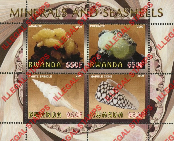 Rwanda 2009 Minerals and Seashells Illegal Stamp Souvenir Sheet of 4 Rwanda 2009 Minerals and Seashells Illegal Stamp Souvenir Sheet of 4