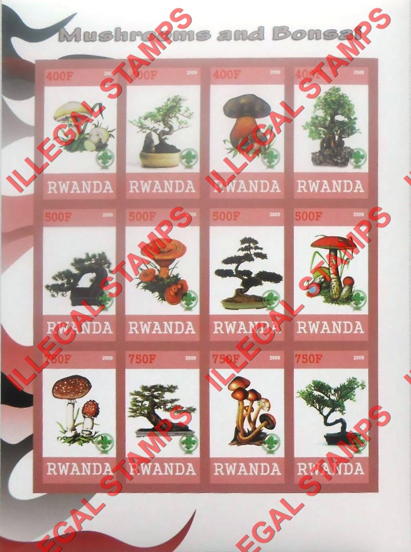 Rwanda 2009 Mushrooms and Bonsai Trees Illegal Stamp Sheet of 12 Rwanda 2009 Mushrooms and Bonsai Trees Illegal Stamp Sheet of 12
