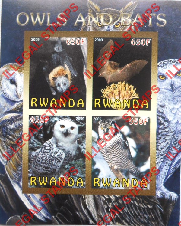 Rwanda 2009 Owls and Bats Illegal Stamp Souvenir Sheet of 4 Rwanda 2009 Owls and Bats Illegal Stamp Souvenir Sheet of 4