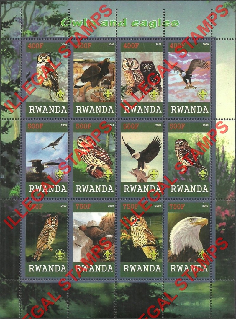 Rwanda 2009 Owls and Eagles Illegal Stamp Sheet of 12 Rwanda 2009 Owls and Eagles Illegal Stamp Sheet of 12