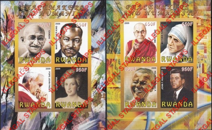 Rwanda 2009 Peacemakers and Humanists Illegal Stamp Souvenir Sheets of 4 Rwanda 2009 Peacemakers and Humanists Illegal Stamp Souvenir Sheets of 4