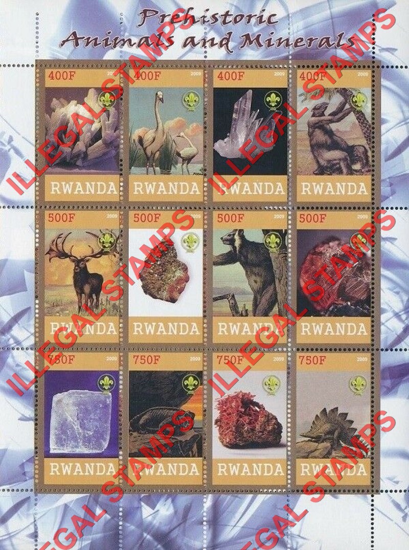 Rwanda 2009 Prehistoric Animals and Minerals Illegal Stamp Sheet of 12 Rwanda 2009 Prehistoric Animals and Minerals Illegal Stamp Sheet of 12