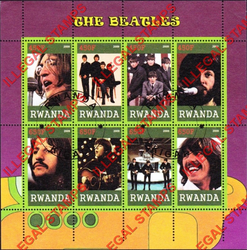 Rwanda 2009 The Beatles Illegal Stamp Sheet of 8 Rwanda 2009 The Beatles Illegal Stamp Sheet of 8