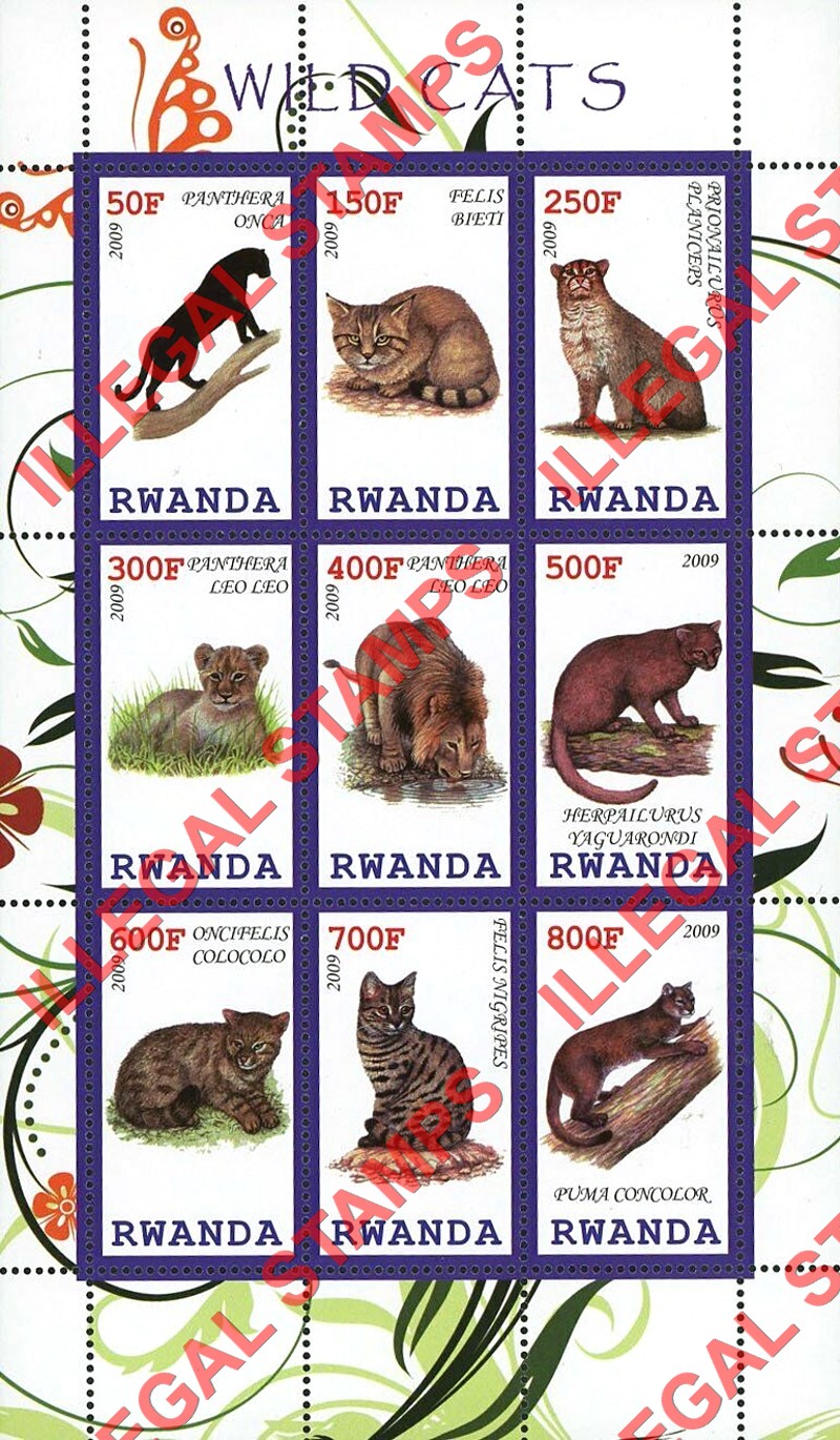 Rwanda 2009 Wild Cats Illegal Stamp Sheet of 9 Rwanda 2009 Wild Cats Illegal Stamp Sheet of 9