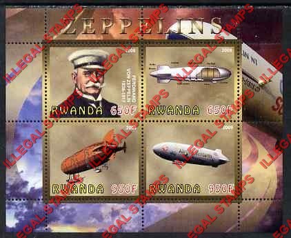 Rwanda 2009 Zeppelins Illegal Stamp Souvenir Sheet of 4 Rwanda 2009 Zeppelins Illegal Stamp Souvenir Sheet of 4