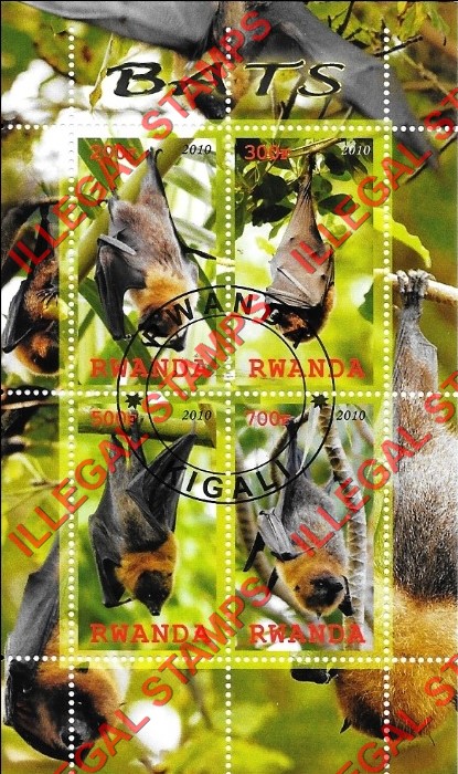 Rwanda 2010 Bats Illegal Stamp Souvenir Sheet of 4 Rwanda 2010 Bats Illegal Stamp Souvenir Sheet of 4