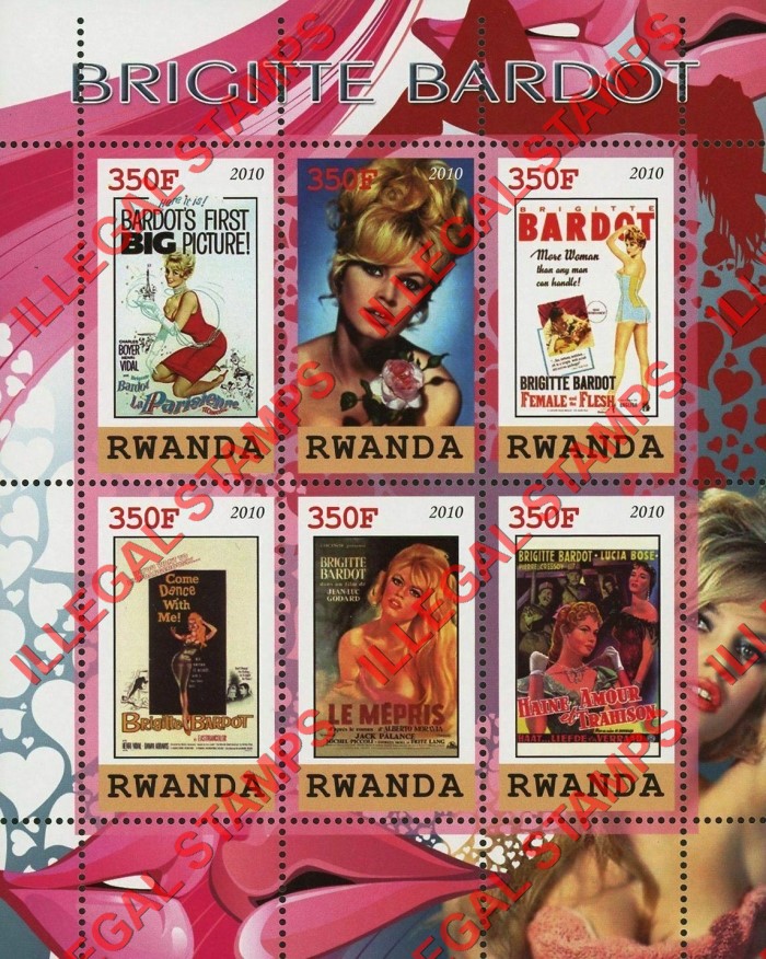 Rwanda 2010 Brigitte Bardot Illegal Stamp Souvenir Sheet of 6 Rwanda 2010 Brigitte Bardot Illegal Stamp Souvenir Sheet of 6