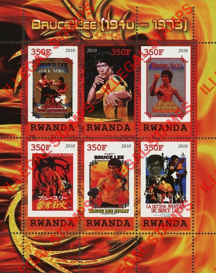 Rwanda 2010 Bruce Lee Illegal Stamp Souvenir Sheet of 6 Rwanda 2010 Bruce Lee Illegal Stamp Souvenir Sheet of 6