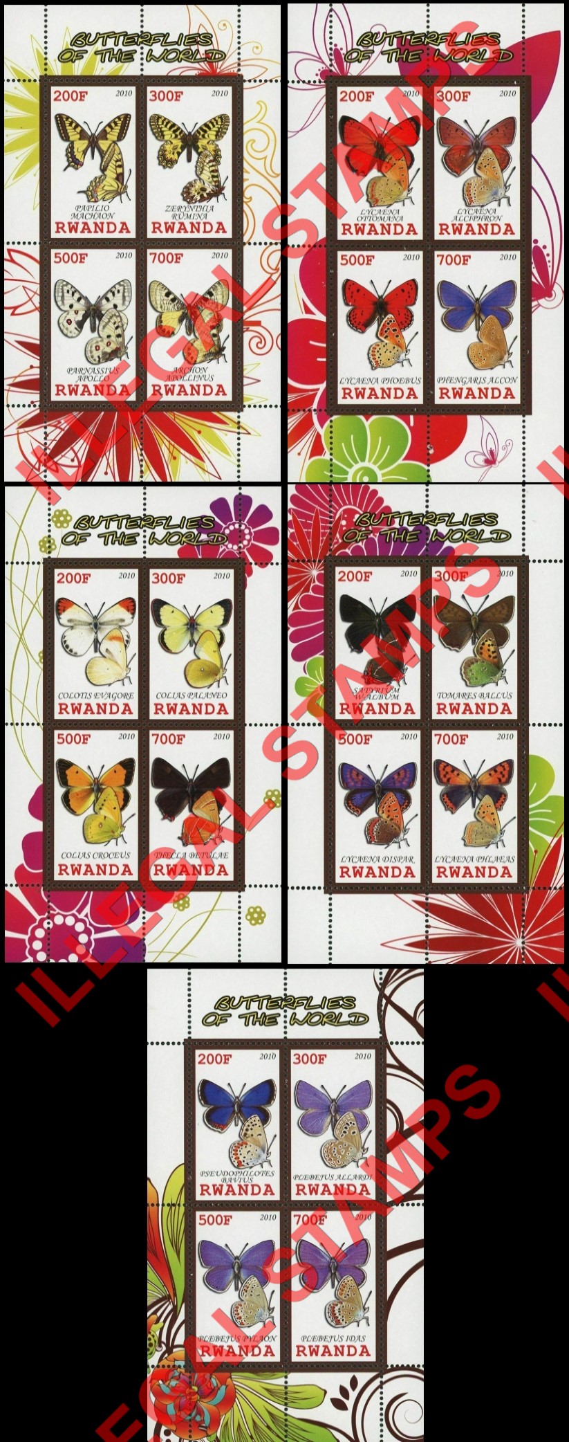 Rwanda 2010 Butterflies of the World Illegal Stamp Souvenir Sheets of 4 Rwanda 2010 Butterflies of the World Illegal Stamp Souvenir Sheets of 4