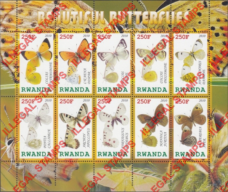 Rwanda 2010 Butterflies Illegal Stamp Sheet of 10 Rwanda 2010 Butterflies Illegal Stamp Sheet of 10