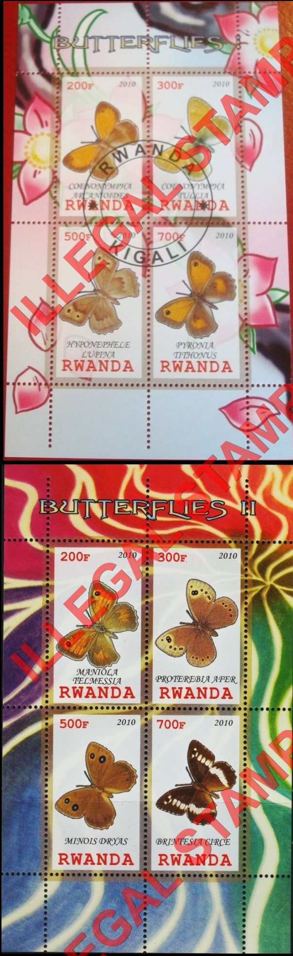 Rwanda 2010 Butterflies Illegal Stamp Souvenir Sheets of 4 Rwanda 2010 Butterflies Illegal Stamp Souvenir Sheets of 4