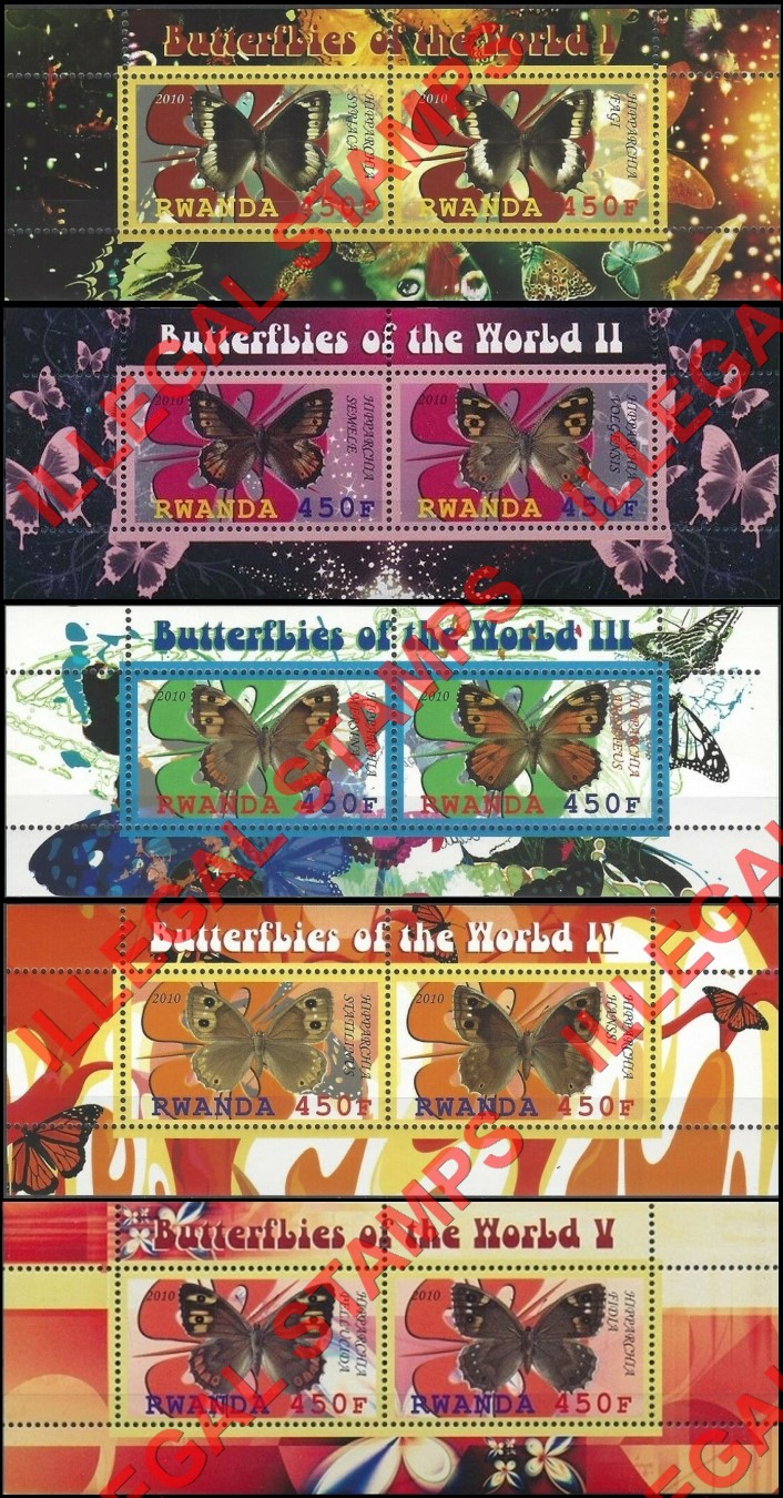 Rwanda 2010 Butterflies Illegal Stamp Souvenir Sheets of 2 Rwanda 2010 Butterflies Illegal Stamp Souvenir Sheets of 2