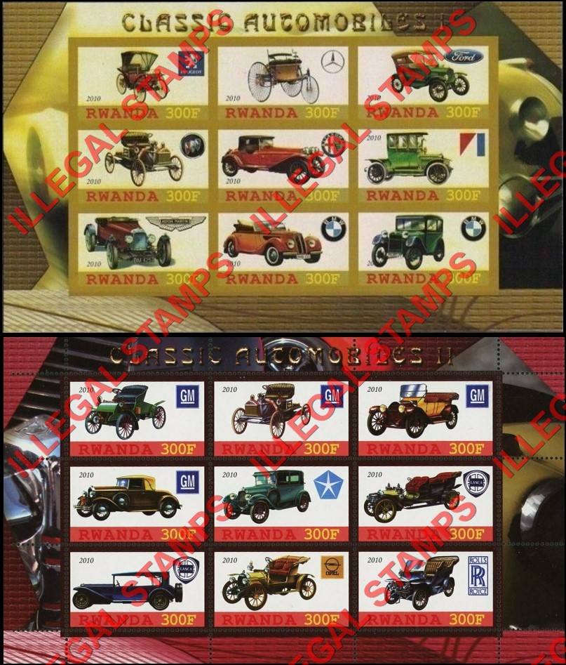 Rwanda 2010 Classic Automobiles Cars Illegal Stamp Sheets of 9 Rwanda 2010 Classic Automobiles Cars Illegal Stamp Sheets of 9