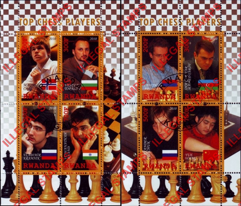 Rwanda 2010 Chess Top Players Illegal Stamp Souvenir Sheets of 4 Rwanda 2010 Chess Top Players Illegal Stamp Souvenir Sheets of 4