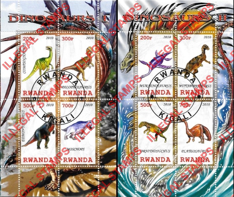 Rwanda 2010 Dinosaurs Illegal Stamp Souvenir Sheets of 4 Rwanda 2010 Dinosaurs Illegal Stamp Souvenir Sheets of 4