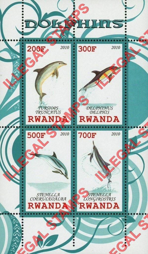 Rwanda 2010 Dolphins Illegal Stamp Souvenir Sheet of 4 Rwanda 2010 Dolphins Illegal Stamp Souvenir Sheet of 4