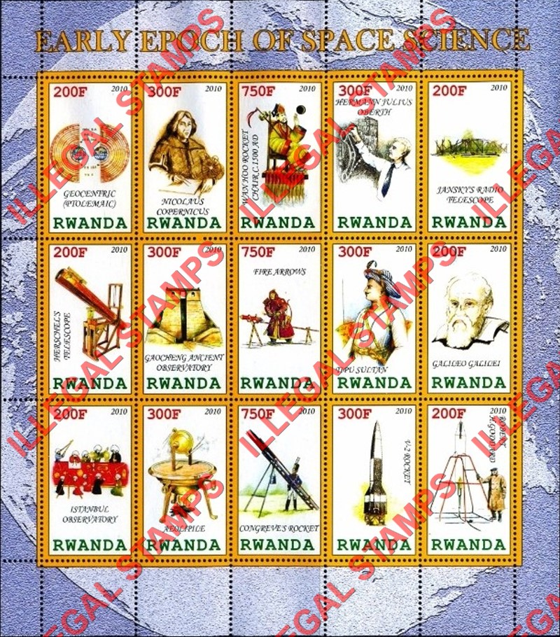 Rwanda 2010 Early Epoch of Space Science Illegal Stamp Sheet of 15 Rwanda 2010 Early Epoch of Space Science Illegal Stamp Sheet of 15