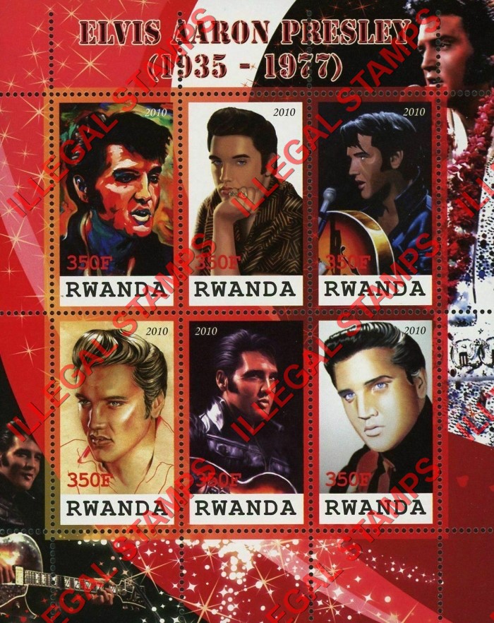 Rwanda 2010 Elvis Presley Illegal Stamp Souvenir Sheet of 6 Rwanda 2010 Elvis Presley Illegal Stamp Souvenir Sheet of 6