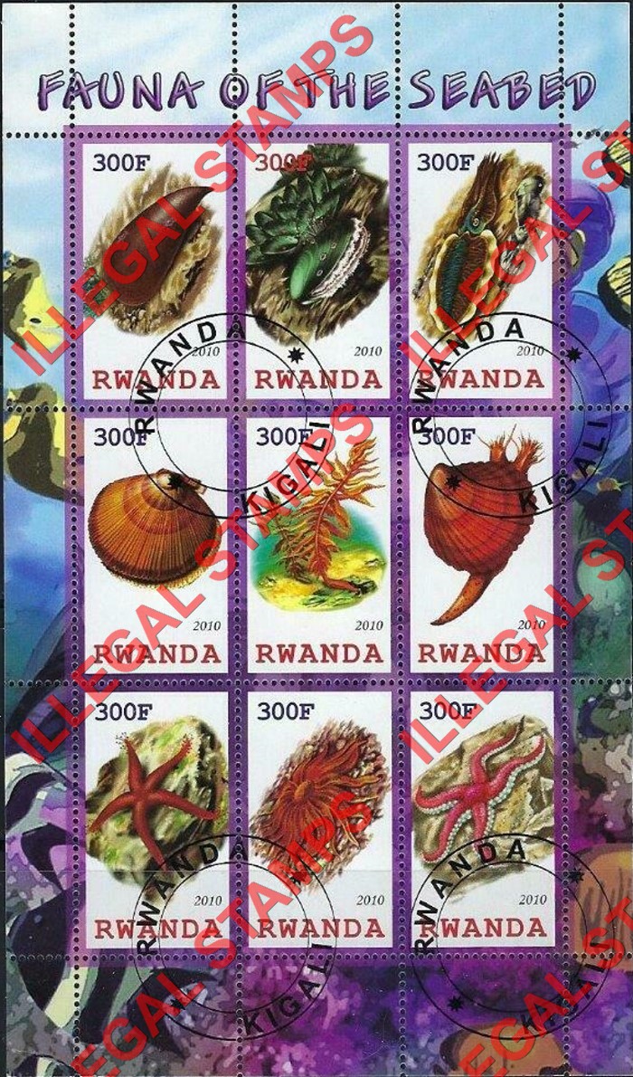 Rwanda 2010 Fauna of the Seabed Illegal Stamp Sheet of 9 Rwanda 2010 Fauna of the Seabed Illegal Stamp Sheet of 9