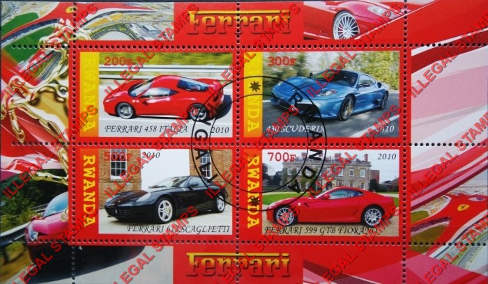 Rwanda 2010 Ferrari Illegal Stamp Souvenir Sheet of 4 Rwanda 2010 Ferrari Illegal Stamp Souvenir Sheet of 4