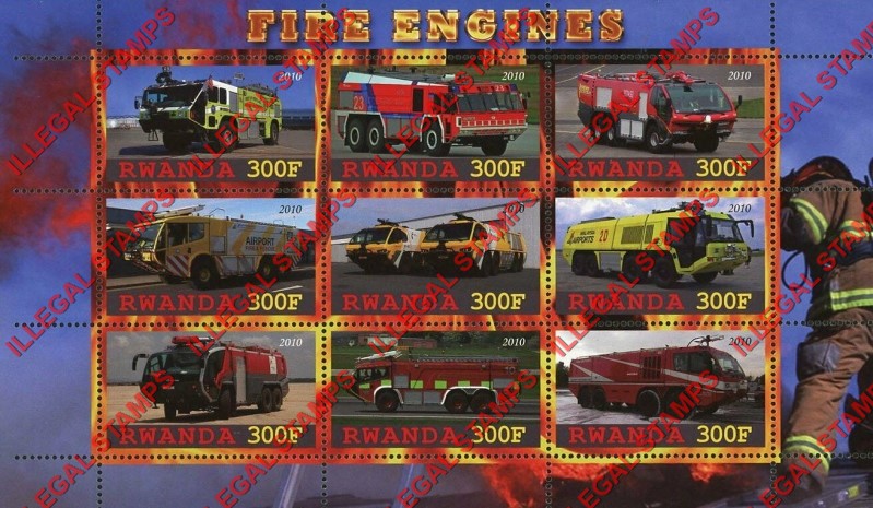 Rwanda 2010 Fire Engines Illegal Stamp Sheet of 9 Rwanda 2010 Fire Engines Illegal Stamp Sheet of 9