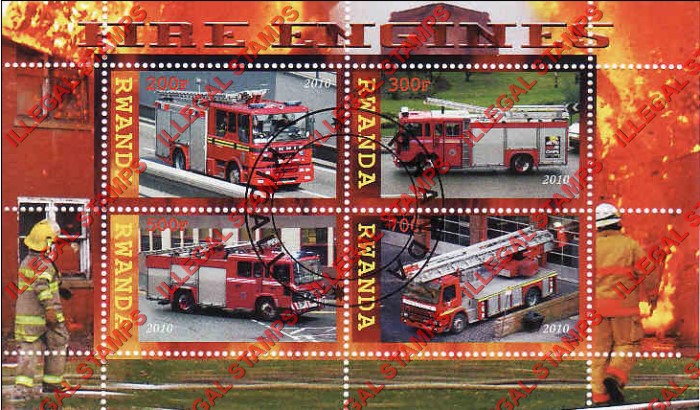 Rwanda 2010 Fire Engines Illegal Stamp Souvenir Sheet of 4 Rwanda 2010 Fire Engines Illegal Stamp Souvenir Sheet of 4