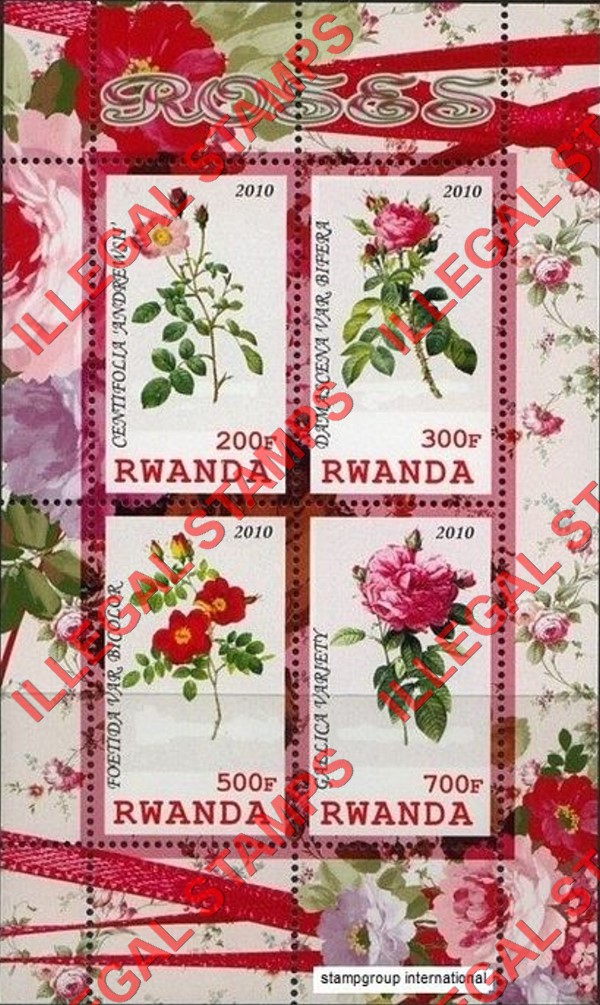 Rwanda 2010 Flowers Roses Illegal Stamp Souvenir Sheet of 4 Rwanda 2010 Flowers Roses Illegal Stamp Souvenir Sheet of 4