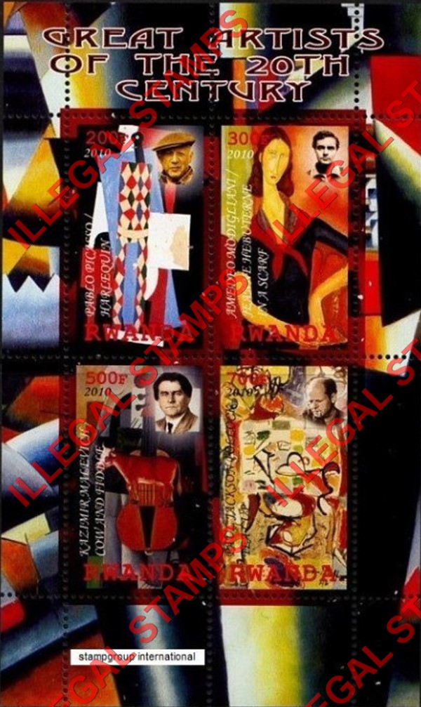 Rwanda 2010 Great Artists of the 20th Century Illegal Stamp Souvenir Sheet of 4 Rwanda 2010 Great Artists of the 20th Century Illegal Stamp Souvenir Sheet of 4